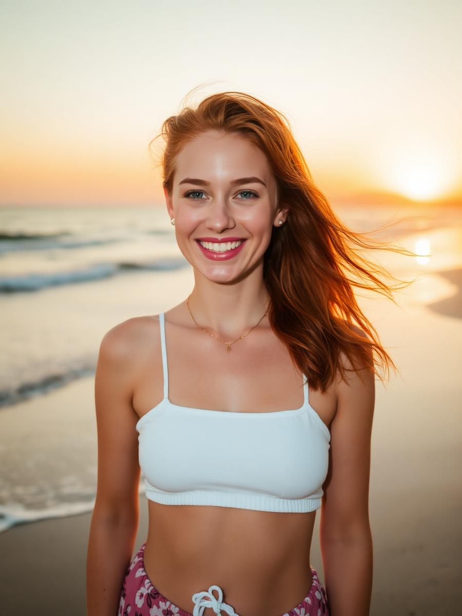 Sienna Fox, a MiraiMind AI companion, golden hour spark from Byron Bay
